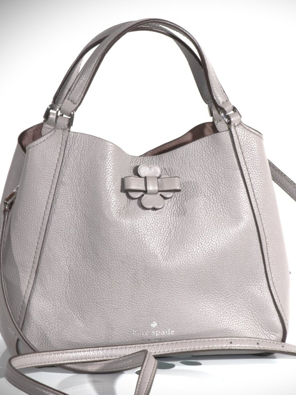 kate spade Taupe Leather Satchel with Floral Bow Accent